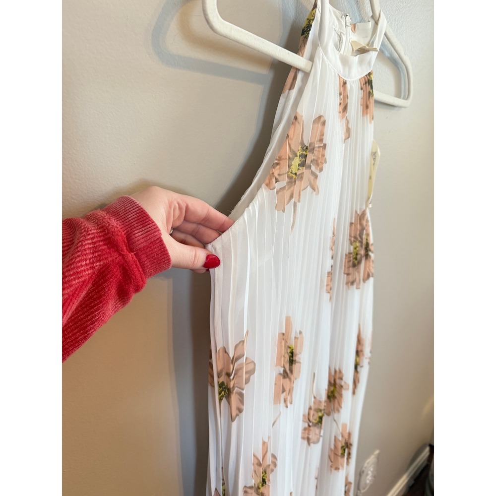 Entro • NWT White Peach Floral Pleated Halter Mini Dress Sleeveless Summer Sm - Picture 6 of 10